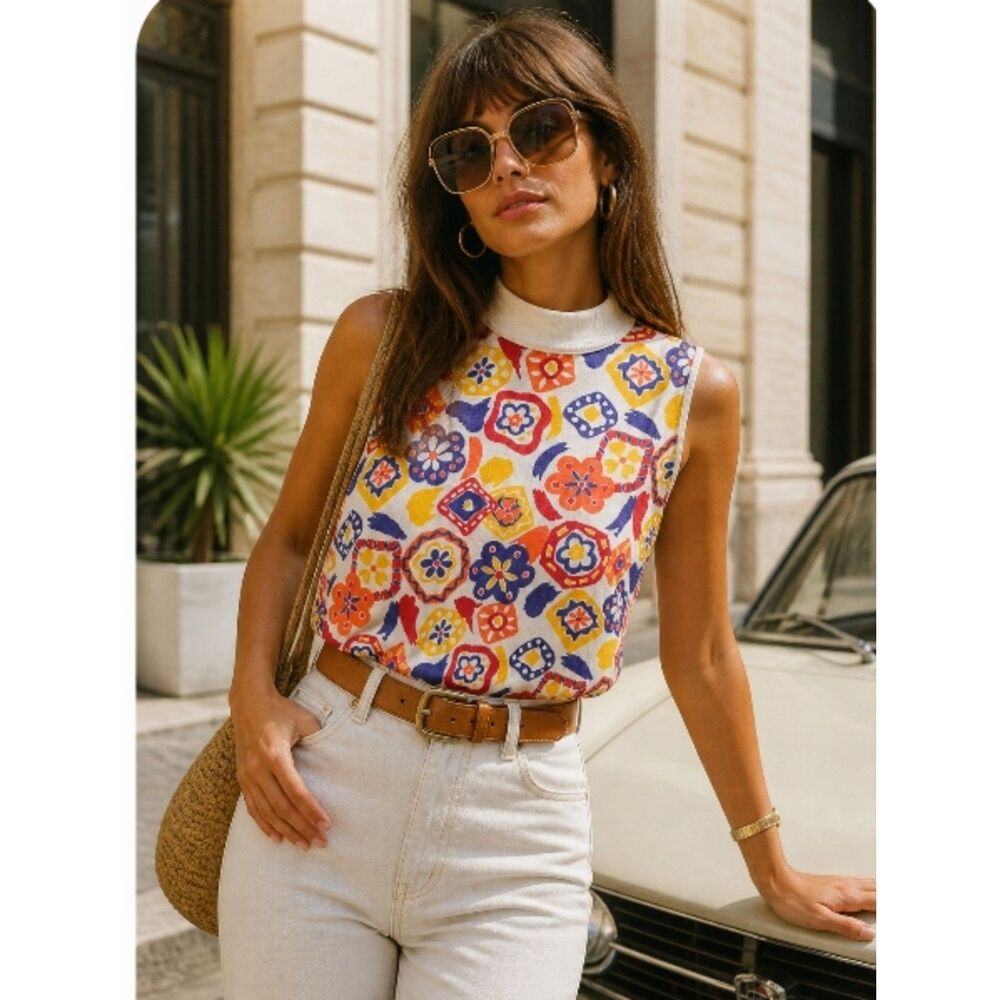 La Playa Vintage Sleeveless Top M Colorful High Neck 70s Retro